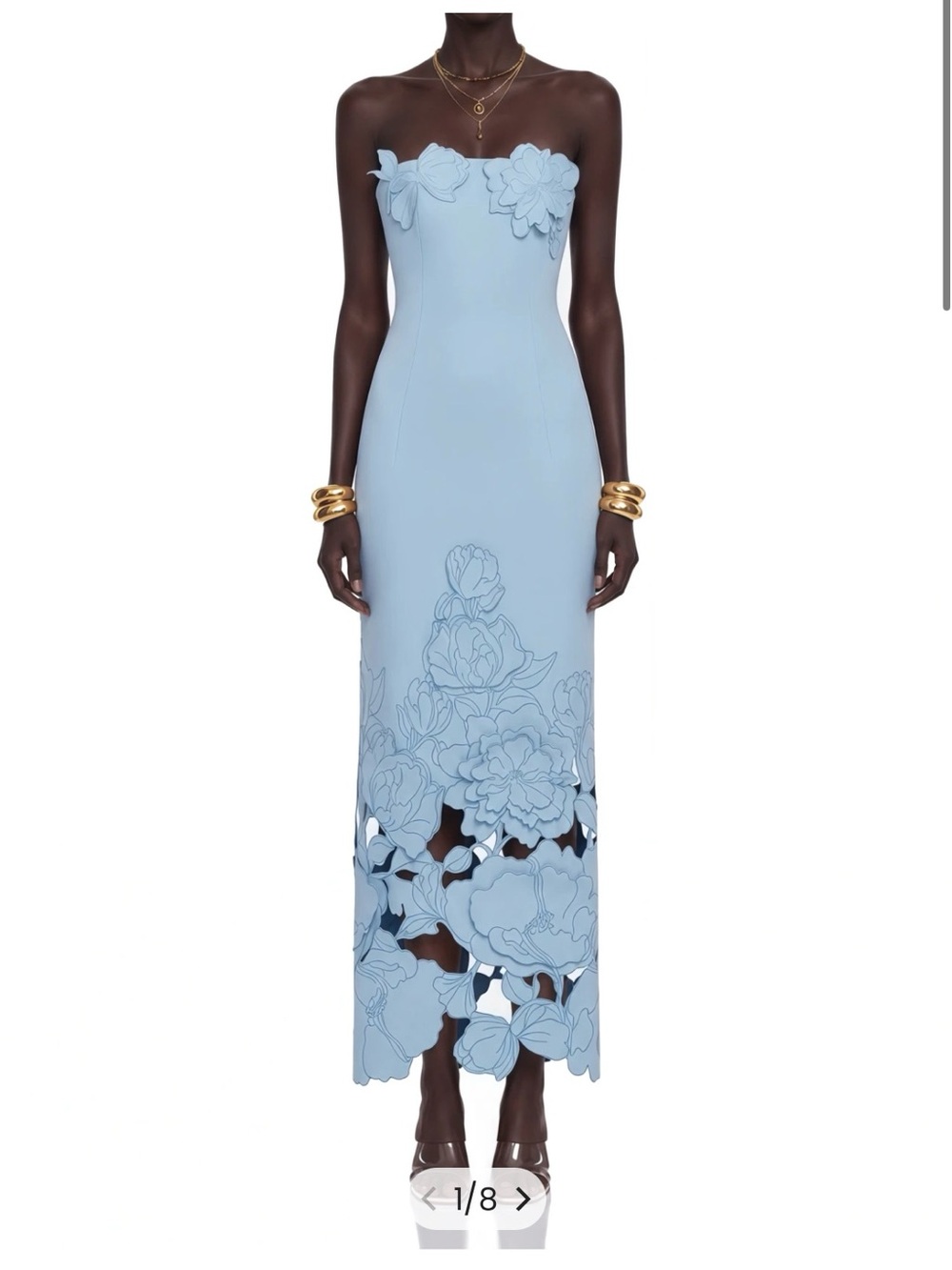JW PEI Strapless Powder Blue Floral Appliqué Midi Dress